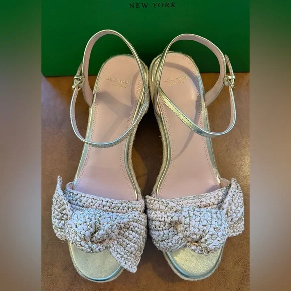 Kate Spade Women LEATHER Bow Strap Espadrille Wedge Platform Sandal 9.5 B GOLD - Picture 5 of 9